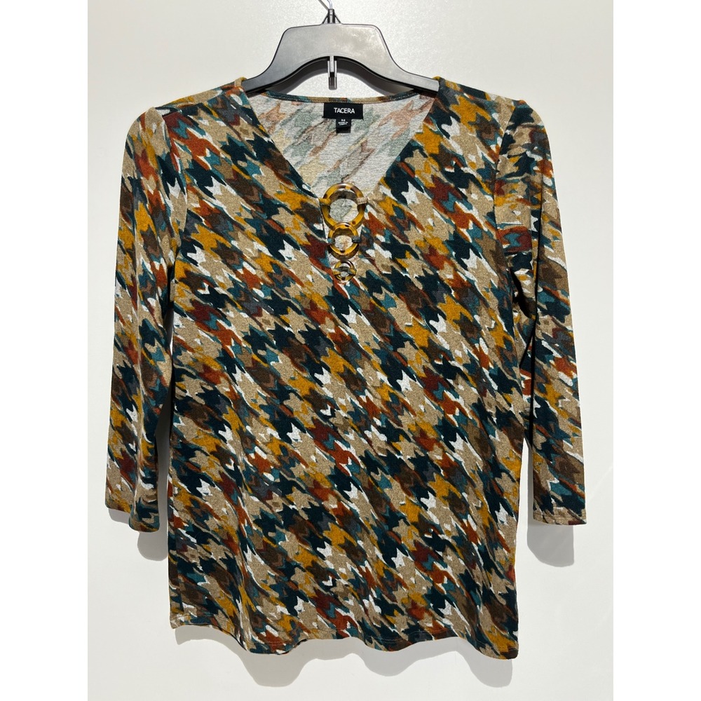 Tacera Women Medium Abstract Houndstooth Knit Top 3/4 Sleeve Tortoise Ring V
